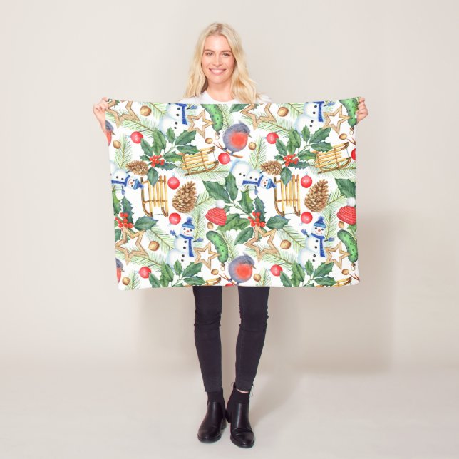 Couverture Polaire Noël Noël Noël Noël Snowman, Pine Cones, Holly (En situation)