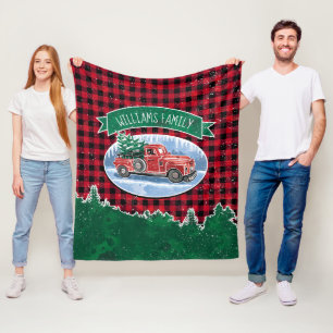 Couverture Polaire Noël Rouge Vintage Camion Buffalo Plaid Ajouter No