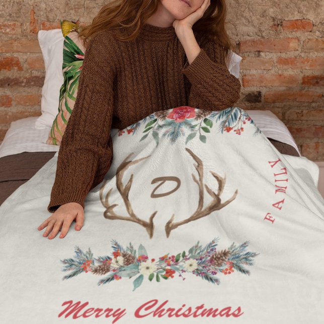 Couverture Polaire Noël rustique aquarelle nom de famille monogramme (Créateur téléchargé)