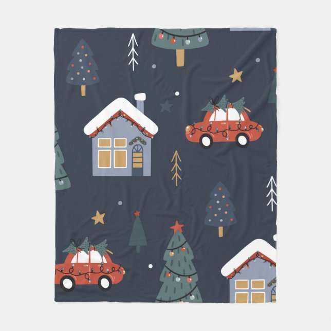 Couverture Polaire Noël sans couture motif avec arbre de Noël, voitur (Devant)