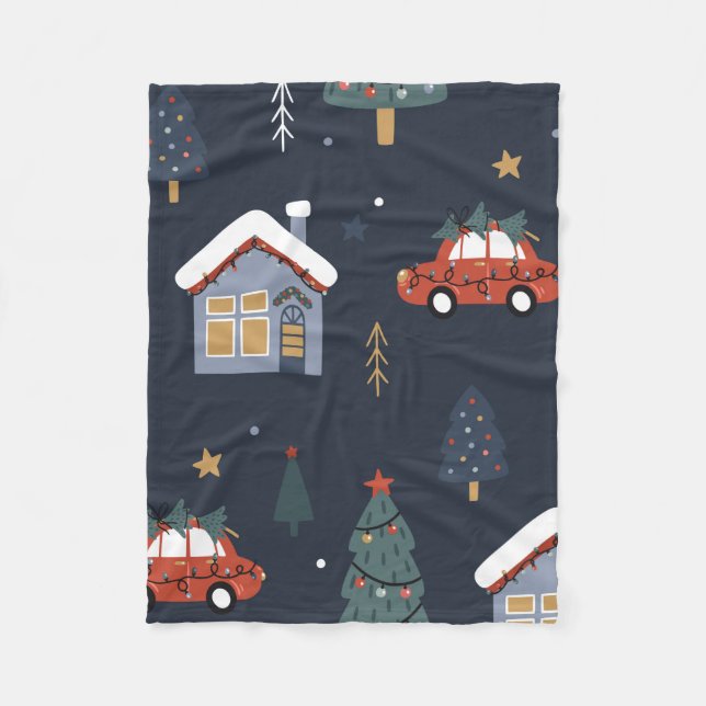 Couverture Polaire Noël sans couture motif avec arbre de Noël, voitur (Devant)