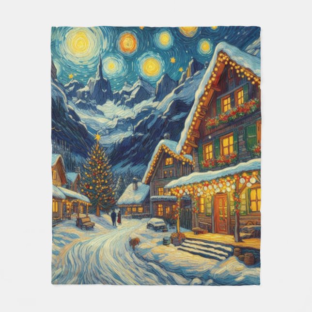 Couverture Polaire Noël Starry Night Mountain Village (Devant)