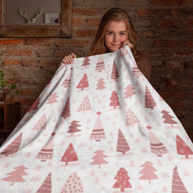 Couverture Polaire Noël Vacances Aquarelle Rose or Arbre (Créateur téléchargé)