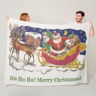 Couverture Polaire Noël Vintage, Jolly Santa Claus avec Sleigh