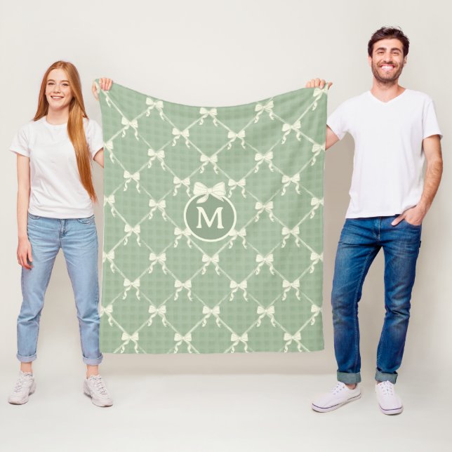 Couverture Polaire Nœuds Coquette Gingham Monogramme Crème Vert Sauge (En situation)
