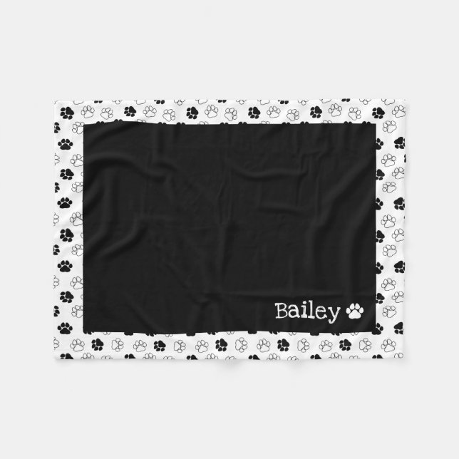 Couverture Polaire Noir Blanc Empreinte de patte Motif Ajouter Nom de (Devant (Horizontal))