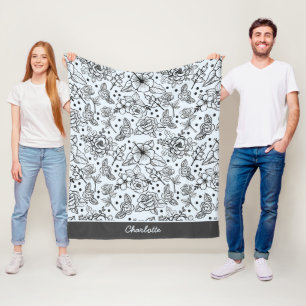 Couverture Polaire Noir & blanc floral sans soudure motif avec nom