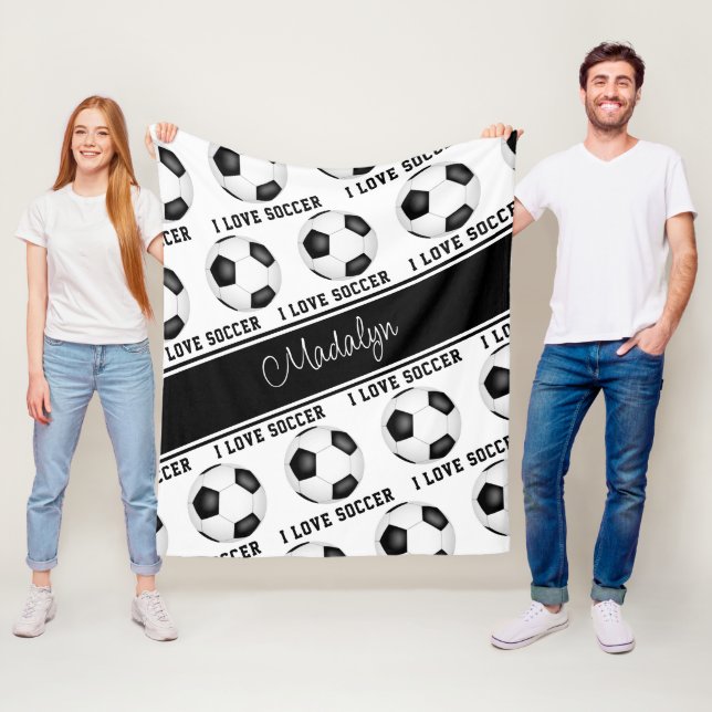 Couverture Polaire noir blanc J'aime motif texte de football (En situation)