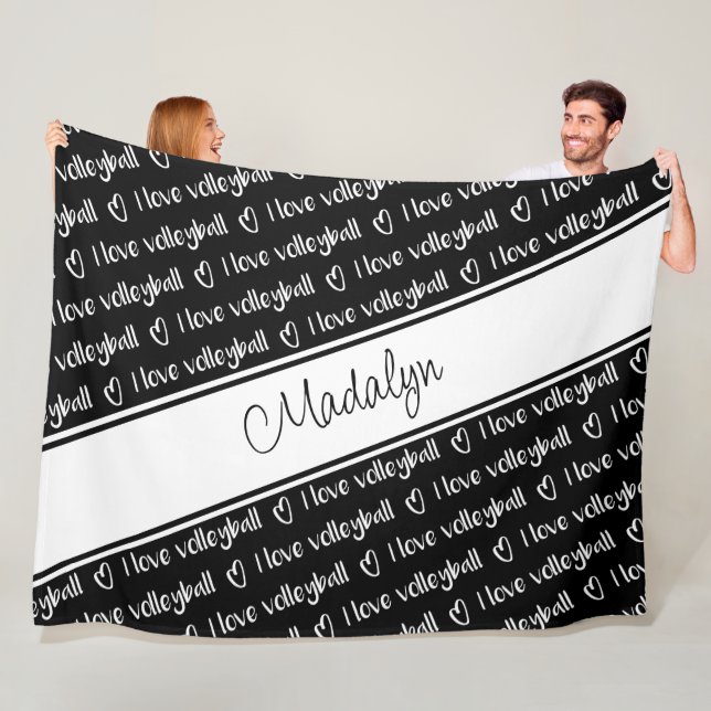 Couverture Polaire noir blanc J'aime volleyball phrase motif (En situation)