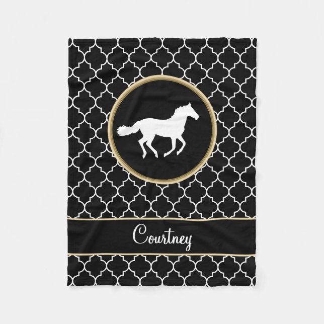 Couverture Polaire Noir de silhouette de cheval Quatrefoil blanc avec (Devant)