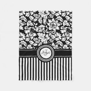 Couverture Polaire Noir Et Blanc Floral Damas & Stripes-Monogramme