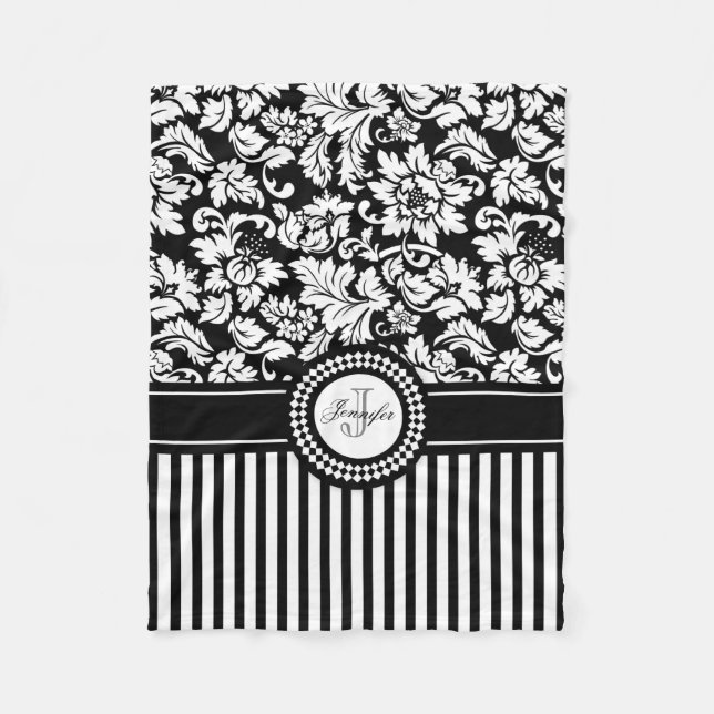 Couverture Polaire Noir Et Blanc Floral Damas & Stripes-Monogramme (Devant)