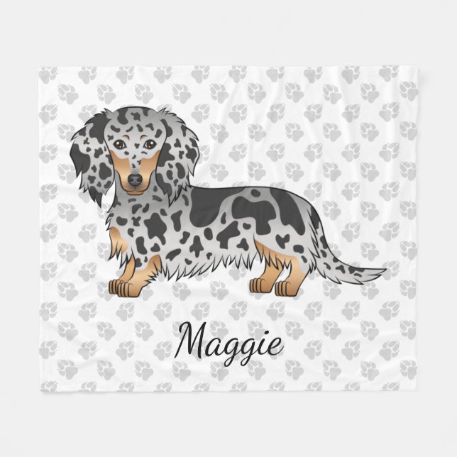 Couverture Polaire Noir Et Tan Dapper Cheveux Long Dachshund & Nom (Devant (Horizontal))