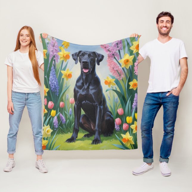 Couverture Polaire Noir Grand Danse Fleurs de printemps de chien Pein (En situation)