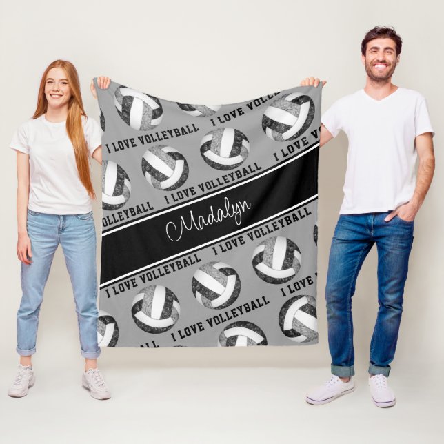 Couverture Polaire noir gris J'aime volleyball motif texte (En situation)