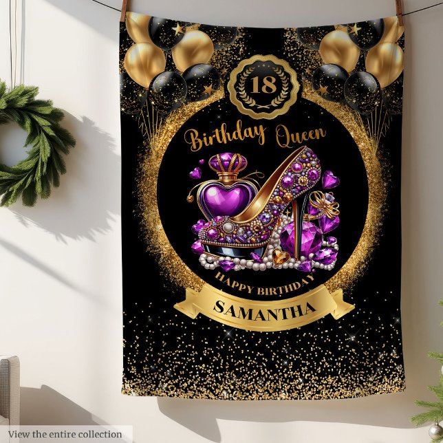 Couverture Polaire Noir Or Anniversaire Reine Haut talons violet (Black Gold Birthday Queen High Heels Purple Fleece Blanket )