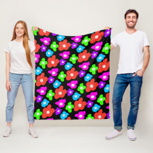 Couverture Polaire Noir rétro Arc-en-ciel couleur Fleurs Motif