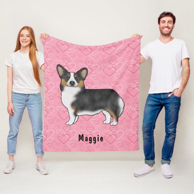 Couverture Polaire Noir Tri Pembroke Welsh Corgi Coeurs Avec Nom (En situation)