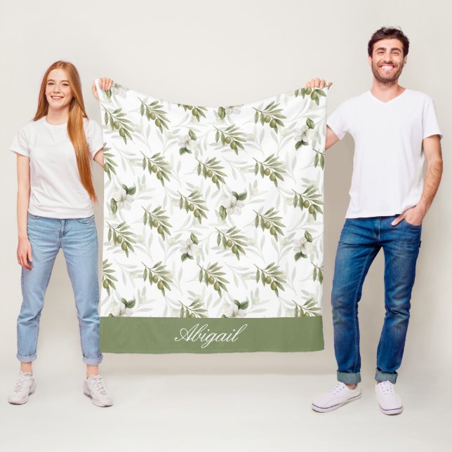 Couverture Polaire Nom aquarelle olivier sage intemporel  (En situation)
