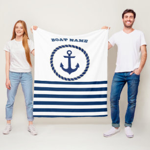 Couverture Polaire Nom de bateau nautique, ancre bleu marine rayé