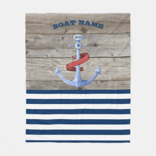Couverture Polaire Nom de bateau nautique, ancre marine bleu rayé boi