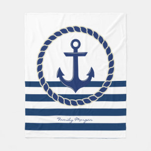 Couverture Polaire Nom de bateau nautique, Ancre rayée bleu marine