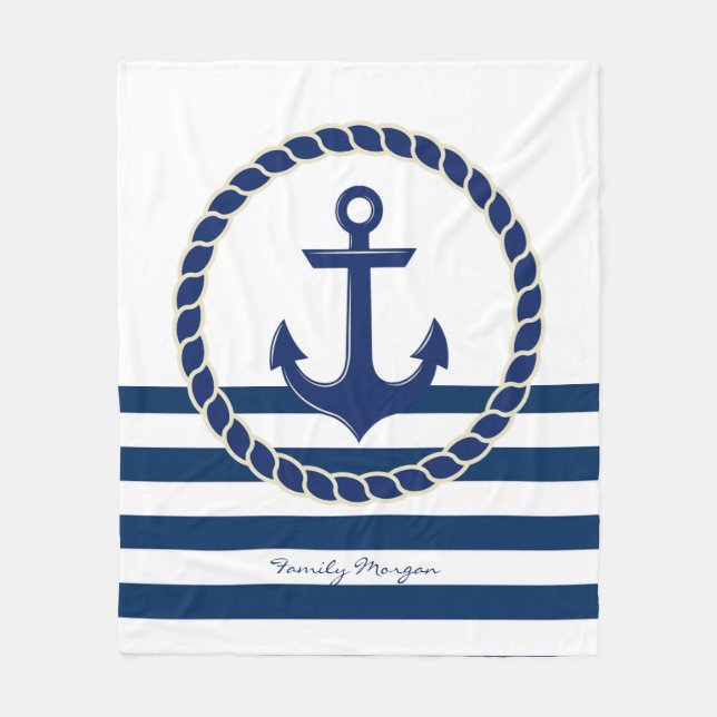 Couverture Polaire Nom de bateau nautique, Ancre rayée bleu marine (Devant)