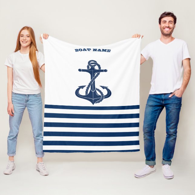 Couverture Polaire Nom de bateau nautique, ancre  Rayures bleues et b (En situation)