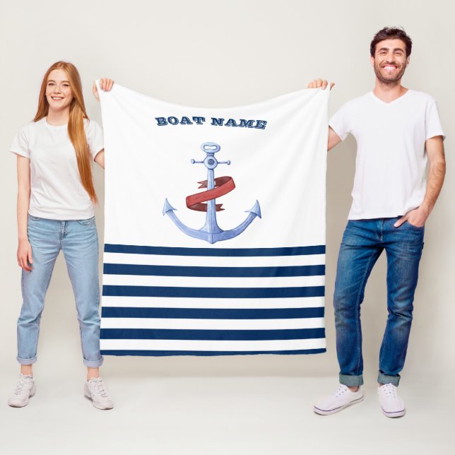 Couverture Polaire Nom de bateau nautique, Rayures bleu marine d'Ancr (En situation)
