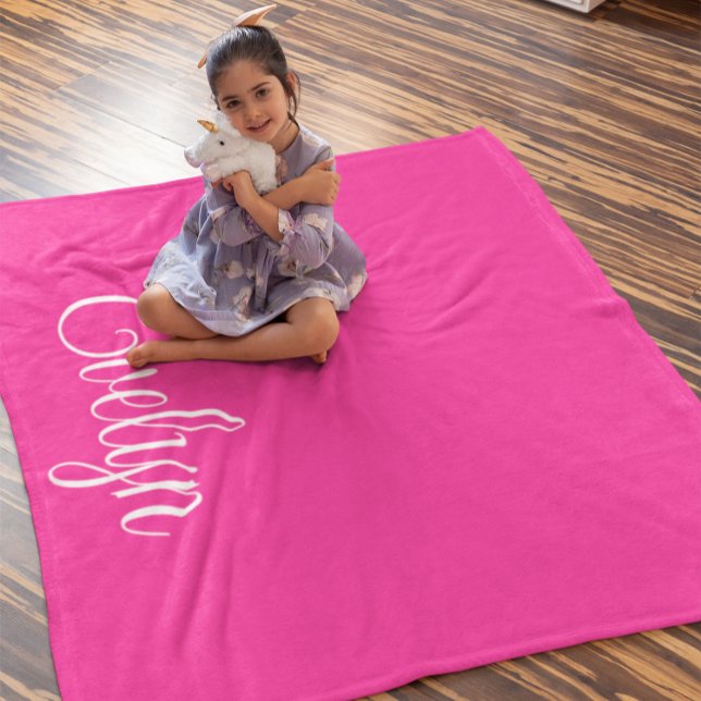 Couverture Polaire Nom de calligraphie bouclée rose chaud et blanc (Personalized Pink Blanket)