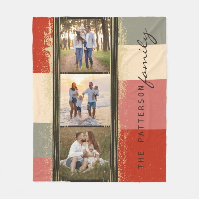 Couverture Polaire Nom de famille 3 Photo Collage Rustique Abstrait (Devant)