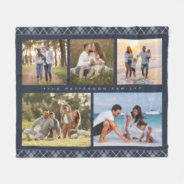 Couverture Polaire Nom de famille 5 Photo Collage bleu Plaid Moderne (Devant (Horizontal))