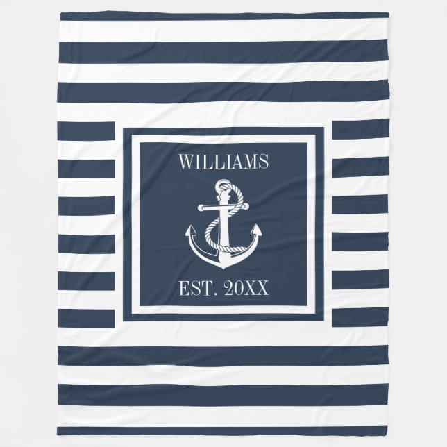 Couverture Polaire Nom de famille Marine Blue Striped Nautical Ancre  (Devant)