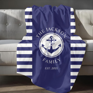 Couverture Polaire Nom de famille motif d'ancre marine rayures bleues