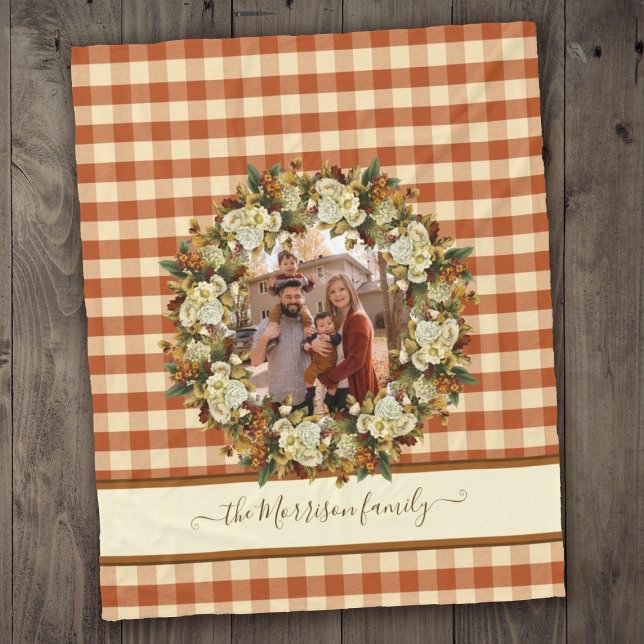 Couverture Polaire Nom de famille + Photo Buffalo Check Fall Floral (Family Name + Photo Buffalo Check Fall Floral Fleece Blanket
)