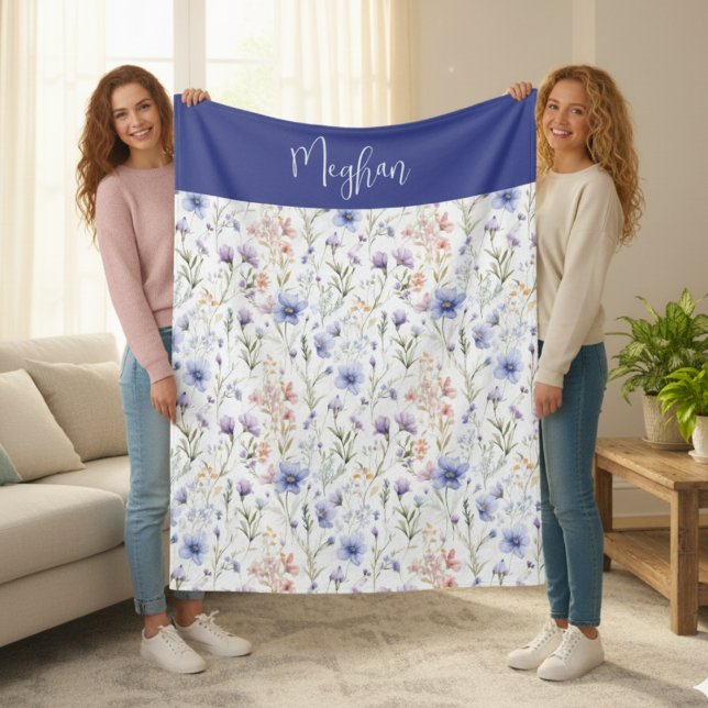 Couverture Polaire Nom de fleur sauvage aquarelle bleu violet (Créateur téléchargé)