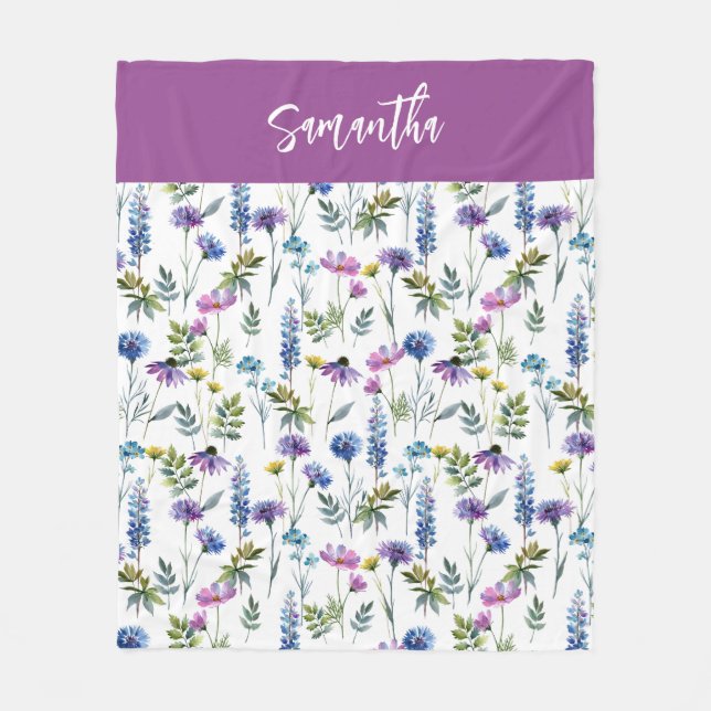 Couverture Polaire Nom de fleur sauvage aquarelle bleu violet (Devant)