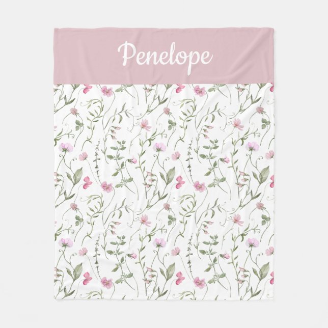 Couverture Polaire Nom de fleur sauvage aquarelle rose vert  (Devant)