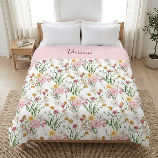 Couverture Polaire Nom de fleur sauvage aquarelle rose vert (Pink Green Watercolor Wildflower Name Fleece Blanket)