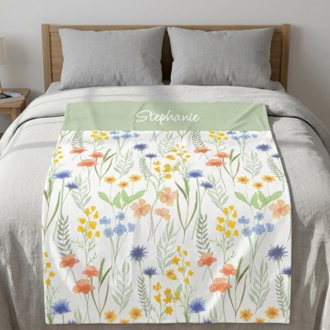 Couverture Polaire Nom de fleur sauvage aquarelle vert orange (Créateur téléchargé)
