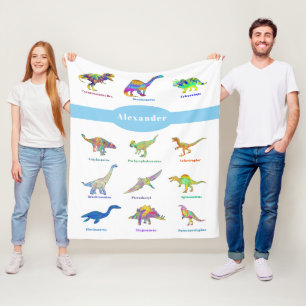 Couverture Polaire Nom de garçon personnalisé Dinosaures colorés Bleu