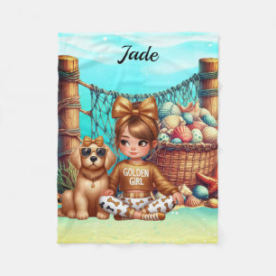 Couverture Polaire Nom de la fille personnalisée assise avec ses coqu