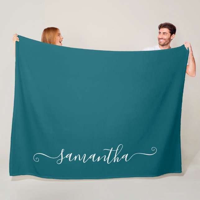 Couverture Polaire Nom de la signature Turquoise foncé et blanc (En situation)