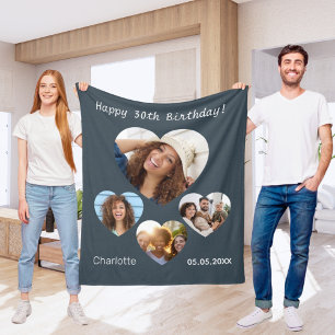 Couverture Polaire Nom de l'anniversaire photo coeur collage fusain g
