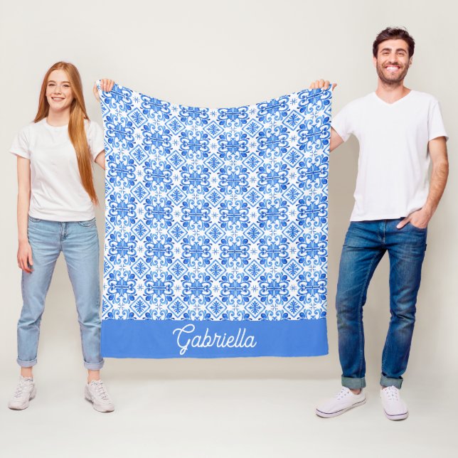Couverture Polaire Nom de motif de toile française bleue (En situation)
