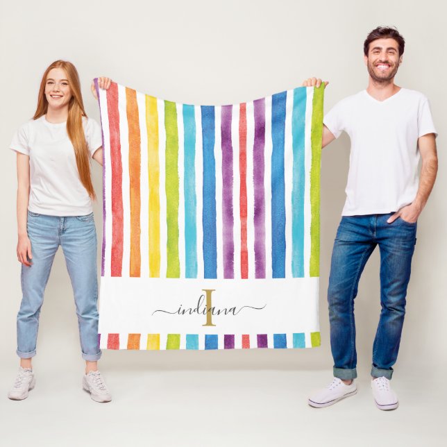Couverture Polaire Nom de script de monogramme arc-en-ciel rayures aq (En situation)