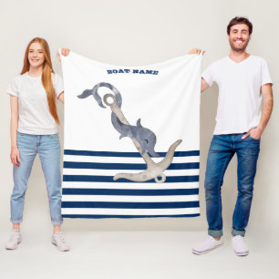 Couverture Polaire Nom du bateau, Ancre Dauphin rayures blanches bleu