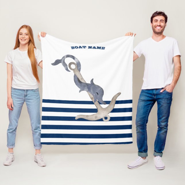 Couverture Polaire Nom du bateau, Ancre Dauphin rayures blanches bleu (En situation)