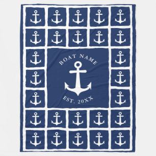 Couverture Polaire Nom du bateau Marine Bleu Blanc Ancres Nautiques