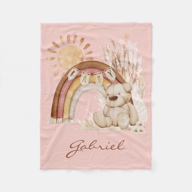 Couverture Polaire Nom du bébé customisé Boho Teddy Bear Rainbow (Devant)